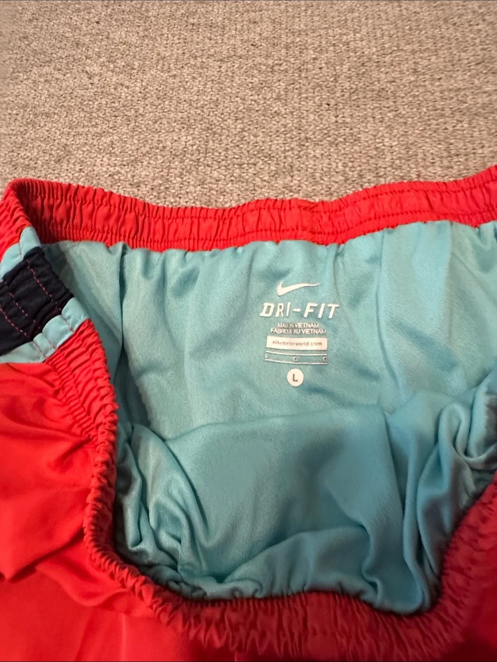 Nike Women’s LARGE DRI-FIT Red Athletic Shorts with Teal Trim - Picture 2 of 3